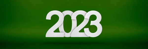 Happy New Year 2023 greeting template. Festive 3d banner with white numbers 2023 on a, green, background. Festive poster or banner design. Happy new year modern background —  Fotos de Stock