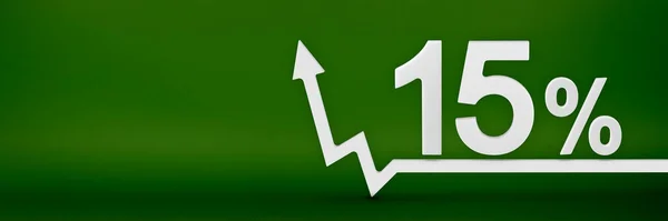 15 percent. The arrow on the graph points up. Rising prices, inflation, increase in income, increase in interest rates, taxes. 3d banner, fifteen percent sign discount on a green background. — Stockfoto