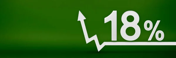 18 percent. The arrow on the graph points up. Rising prices, inflation, increase in income, increase in interest rates, taxes. 3d banner, eighteen percent sign discount on a green background. — Stock Photo, Image