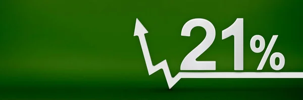 21 percent. The arrow on the graph points up. Rising prices, inflation, increase in income, increase in interest rates, taxes. 3d banner, twenty one percent sign discount on a green background. —  Fotos de Stock