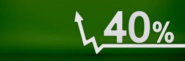 Yüzde 40. Grafikteki ok yukarı işaret ediyor. Artan fiyatlar, enflasyon, gelir artışı, faiz oranları, vergiler. 3D afiş, yeşil arka planda yüzde kırk işaret indirimi..