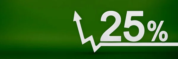 25 percent. The arrow on the graph points up. Rising prices, inflation, increase in income, increase in interest rates, taxes. 3d banner, twenty five percent sign discount on a green background. — Stockfoto