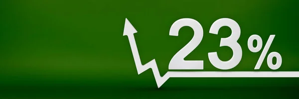 23 percent. The arrow on the graph points up. Rising prices, inflation, increase in income, increase in interest rates, taxes. 3d banner, twenty three percent sign discount on a green background. —  Fotos de Stock
