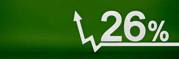 26 percent. The arrow on the graph points up. Rising prices, inflation, increase in income, increase in interest rates, taxes. 3d banner, twenty six percent sign discount on a green background. — 스톡 사진