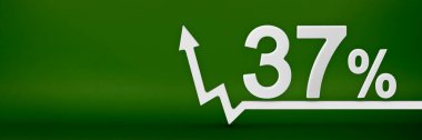 Yüzde 37. Grafikteki ok yukarı işaret ediyor. Artan fiyatlar, enflasyon, gelir artışı, faiz oranları, vergiler. 3D afiş, yeşil arka planda yüzde otuz yedi işaret indirimi..