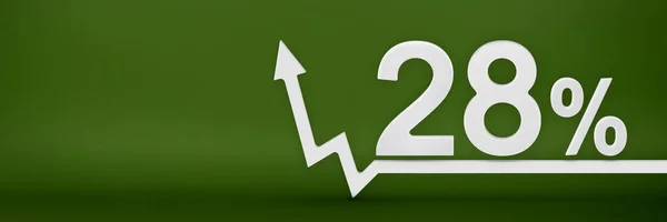 28 percent. The arrow on the graph points up. Rising prices, inflation, increase in income, increase in interest rates, taxes. 3d banner, twenty eight percent sign discount on a green background. — 스톡 사진