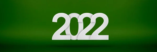 Felice anno nuovo modello di saluto 2022. Bandiera festiva 3d con numeri bianchi 2022 su uno sfondo verde. Manifesto festivo o banner design. Felice anno nuovo sfondo moderno — Foto Stock