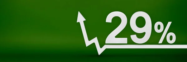 29 percent. The arrow on the graph points up. Rising prices, inflation, increase in income, increase in interest rates, taxes. 3d banner, twenty nine percent sign discount on a green background. — 스톡 사진