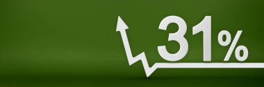 Yüzde 31. Grafikteki ok yukarı işaret ediyor. Artan fiyatlar, enflasyon, gelir artışı, faiz oranları, vergiler. 3D afiş, yeşil arka planda yüzde 31 işaret indirimi.