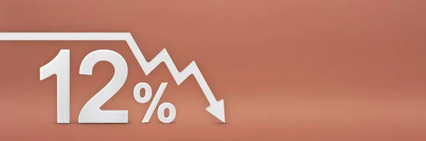 12%, šipka na grafu ukazuje dolů. Krach burzy, medvědí trh, inflace. Ekonomický kolaps, kolaps zásob. 3D banner, 12 procent sleva znamení na červeném pozadí. — Stock fotografie