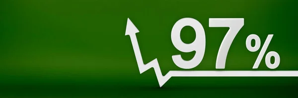 97 percent. The arrow on the graph points up. Rising prices, inflation, increase in income, increase in interest rates, taxes. 3d banner, ninety seven percent sign discount on a green background. — Fotografia de Stock