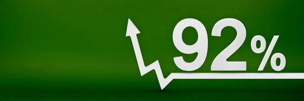 92 percent. The arrow on the graph points up. Rising prices, inflation, increase in income, increase in interest rates, taxes. 3d banner, ninety two percent sign discount on a green background. — Stock Photo, Image