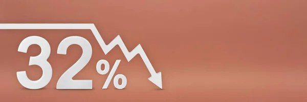 Thirty-two percent, the arrow on the graph is pointing down. Stock market crash, bear market, inflation.Economic collapse, collapse of stocks.3d banner,32 percent discount sign on a red background. — Stockfoto