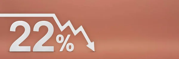 22%, strzałka na wykresie jest skierowana w dół. Awaria giełdy, rynek niedźwiedzi, inflacja. Zapaść gospodarcza, załamanie zapasów. Baner 3d, 22 procent znak rabatowy na czerwonym tle. — Zdjęcie stockowe