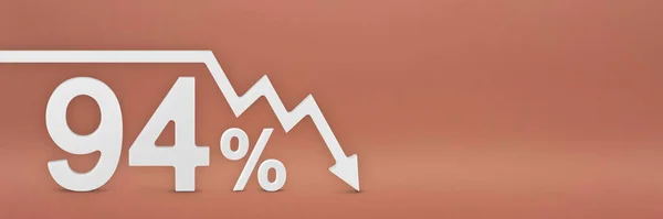 Devadesát čtyři procent, šipka na grafu ukazuje dolů. krach akciového trhu, medvědí trh, inflace. Ekonomický kolaps, kolaps akcií.3d banner, 94 procent sleva znamení na červeném pozadí. — Stock fotografie
