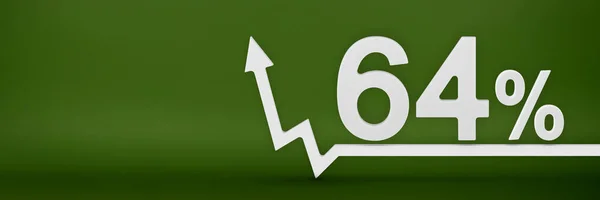 64 %. La flèche du graphique pointe vers le haut. Hausse des prix, inflation, augmentation des revenus, hausse des taux d'intérêt, impôts. bannière 3d, soixante-quatre pour cent de réduction de signe sur un fond vert. — Photo