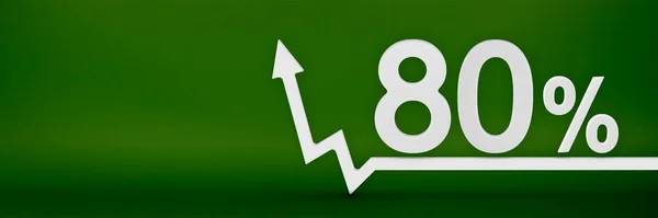 80 percent. The arrow on the graph points up. Rising prices, inflation, increase in income, increase in interest rates, taxes. 3d banner, eighty percent sign discount on a green background. — Zdjęcie stockowe