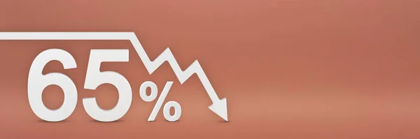 グラフ上の矢印が下を向いています。株式市場の暴落、弱気市場、インフレ経済の崩壊、株式の崩壊。 3Dバナー、赤の背景に65%の割引記号. — ストック写真