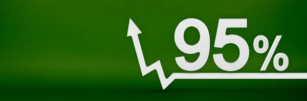 95 percent. The arrow on the graph points up. Rising prices, inflation, increase in income, increase in interest rates, taxes. 3d banner, ninety five percent sign discount on a green background. — Fotografia de Stock