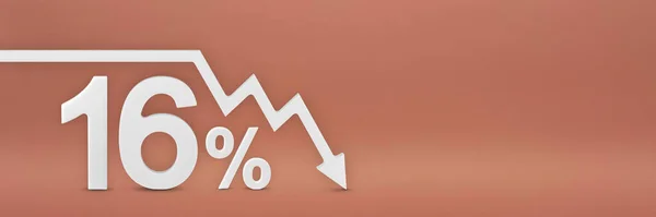 16% стрелка на графике указывает вниз. Обвал фондового рынка, медвежья биржа, инфляция. Экономический коллапс, обвал акций. 3-й баннер, 16% скидка знак на красный фон. — стоковое фото