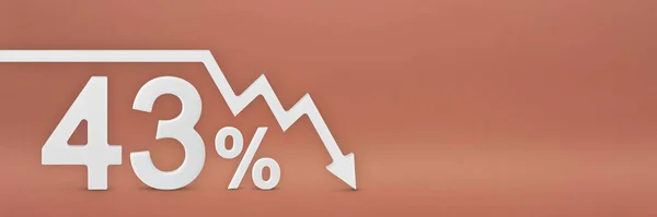 43 százalék, a nyíl a grafikonon lefelé mutat. Tőzsdei összeomlás, medve piac, infláció.Gazdasági összeomlás, összeomlása részvények.3d banner, 43 százalékos kedvezmény jel a piros háttér. — Stock Fotó
