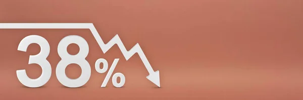 Thirty-eight percent, the arrow on the graph is pointing down. Stock market crash, bear market, inflation.Economic collapse, collapse of stocks.3d banner,38 percent discount sign on a red background. — Stock Photo, Image
