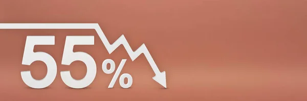 グラフ上の矢印が下を向いています 株式市場の暴落 弱気市場 インフレ経済の崩壊 株式の崩壊 3Dバナー 赤の背景に55 の割引記号 — ストック写真