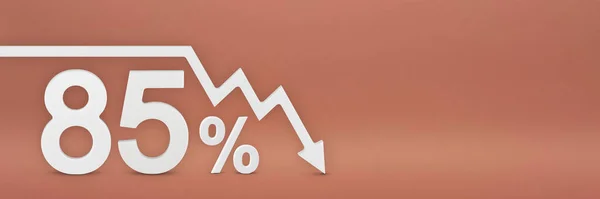 グラフの矢印が下を指しています 株式市場の暴落 弱気市場 インフレ経済の崩壊 株式の崩壊 3Dバナー 赤の背景に85 の割引記号 — ストック写真