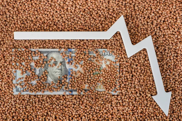 Buckwheat prices. World food crisis. Financial derivatives market. One hundred dollar bill in buckwheat and the arrow of the graph is pointing down