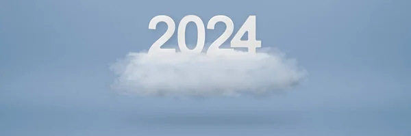 ハッピーニューイヤー2024グリーティングテンプレート 白い雲と青の背景に白い数字2024とお祭りの3Dバナー 祭りのポスター カレンダーまたはバナーデザイン — ストック写真