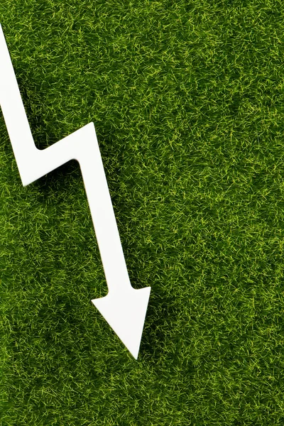 White chart arrow on green grass pointing down. Business loss symbol, ecology concept, green energy spending