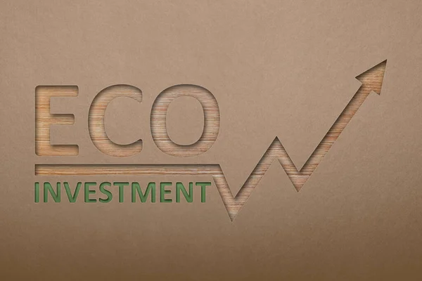 Eco investment. Investment eco text, 3d chart arrow pointing up. Made of wood and cardboard.