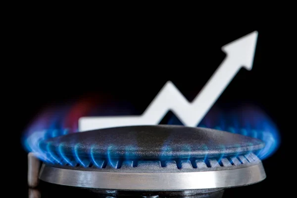 Propane gas price. Supply chains and the energy gas crisis. The concept of gas import and export, transit. Gas stove with burning flame and graph arrow pointing up