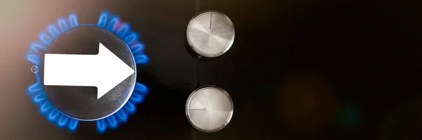 Gas price. Supply chains and the energy gas crisis. Gas stove with a burning flame and a graph arrow pointing up.