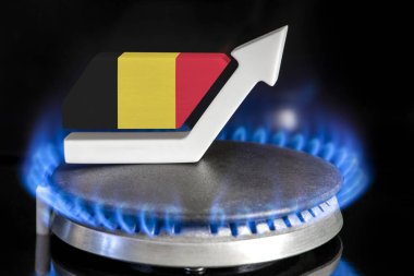 Gas price. Rise in gas prices in Belgium. A burner with a flame and an arrow up, painted in the colors of the Belgium flag. The concept of rising gas or energy prices
