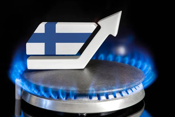 Gas price. Rise in gas prices in Finland. A burner with a flame and an arrow up, painted in the colors of the Finland flag. The concept of rising gas or energy prices