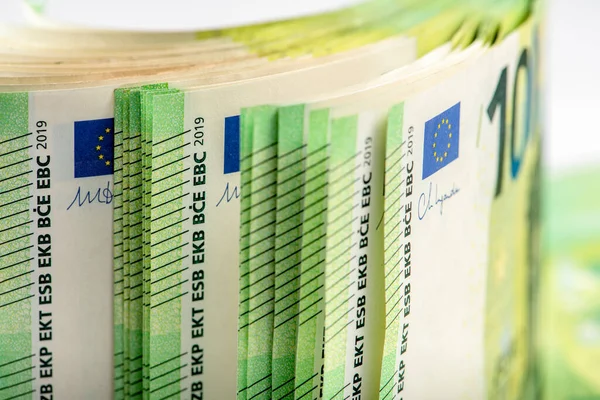 Close Stack Paper Bills Side View Euro Banknotes Stacked Top —  Fotos de Stock