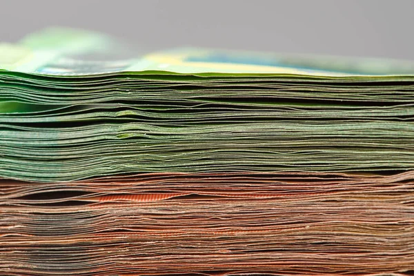 Close Stack Paper Bills Side View Euro Banknotes Stacked Top — Stock Photo, Image