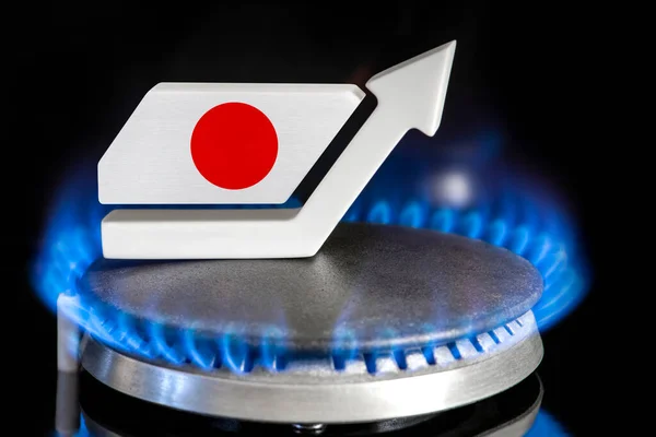 Gas price. Rise in gas prices in Japan. A burner with a flame and an arrow up, painted in the colors of the Japan flag. The concept of rising gas or energy prices