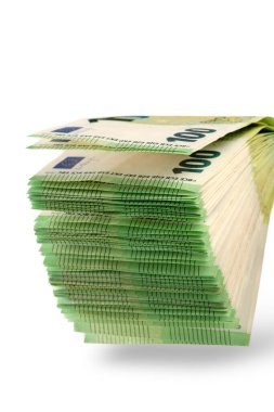 Stack of money in hand isolated on white background. 100 euro banknotes in a mans hand. A man holds out his hand with a stack of banknotes as a concept for a loan, insurance or mortgage