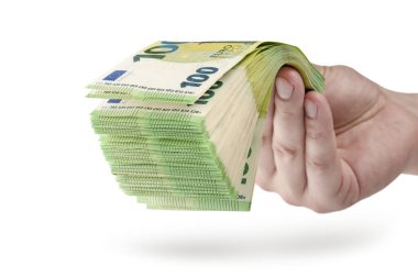 Stack of money in hand isolated on white background. 100 euro banknotes in a mans hand. A man holds out his hand with a stack of banknotes as a concept for a loan, insurance or mortgage