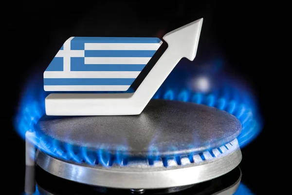 Gas price. Rise in gas prices in Greece. A burner with a flame and an arrow up, painted in the colors of the Greece flag. The concept of rising gas or energy prices