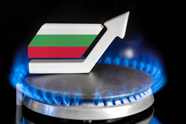 Gas price. Rise in gas prices in Bulgaria. A burner with a flame and an arrow up, painted in the colors of the Bulgaria flag. The concept of rising gas or energy prices
