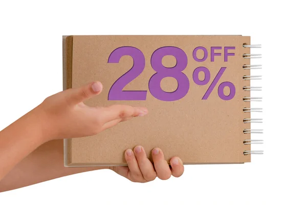 Percent Discount Isolate Notepad Recycled Paper Hands Child Text Sale — Stock Photo, Image