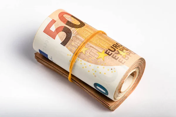 Rollo Dinero Rollo Billetes Euros Billetes Euros Enrollados Sobre Fondo —  Fotos de Stock