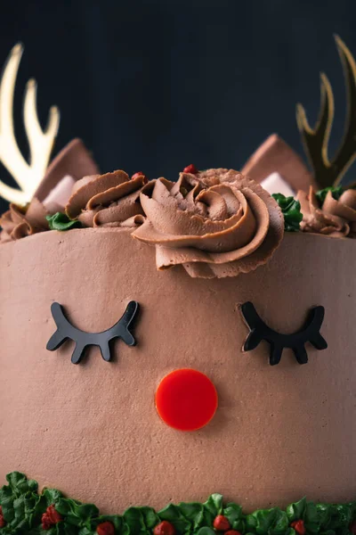 Funny Reindeer Cake Brown Cream Cheese Frosting Decorated Antlers Black — Stock Photo, Image