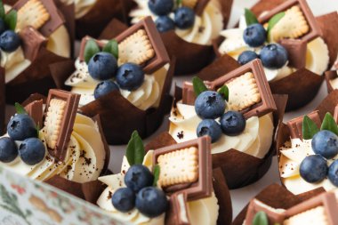 Çırpılmış krem şantili, üstü yaban mersinli ve çikolatalı kurabiyelerle süslenmiş çikolatalı kekler.