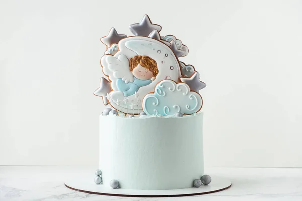 Christening Cake Blue Cream Cheese Frosting Decorated Gingerbread Cookies White — Stock Photo, Image