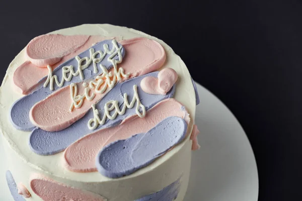 Bolo Bento Com Cobertura Queijo Creme Azul Rosa Texto Aniversário — Fotografia de Stock