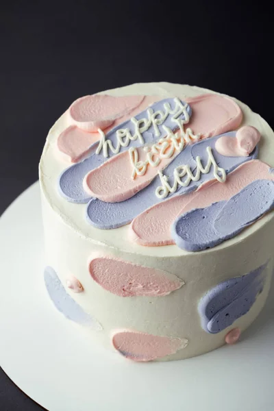 Bento Cake Met Blauwe Roze Roomkaas Glazuur Gelukkige Verjaardag Tekst — Stockfoto